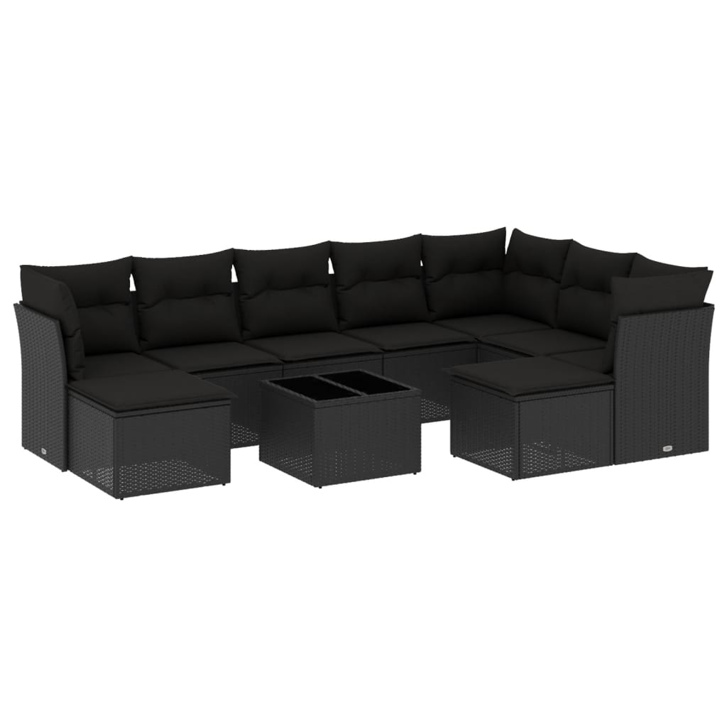 vidaXL 10 pcs conjunto sofás de jardim c/ almofadões vime PE preto