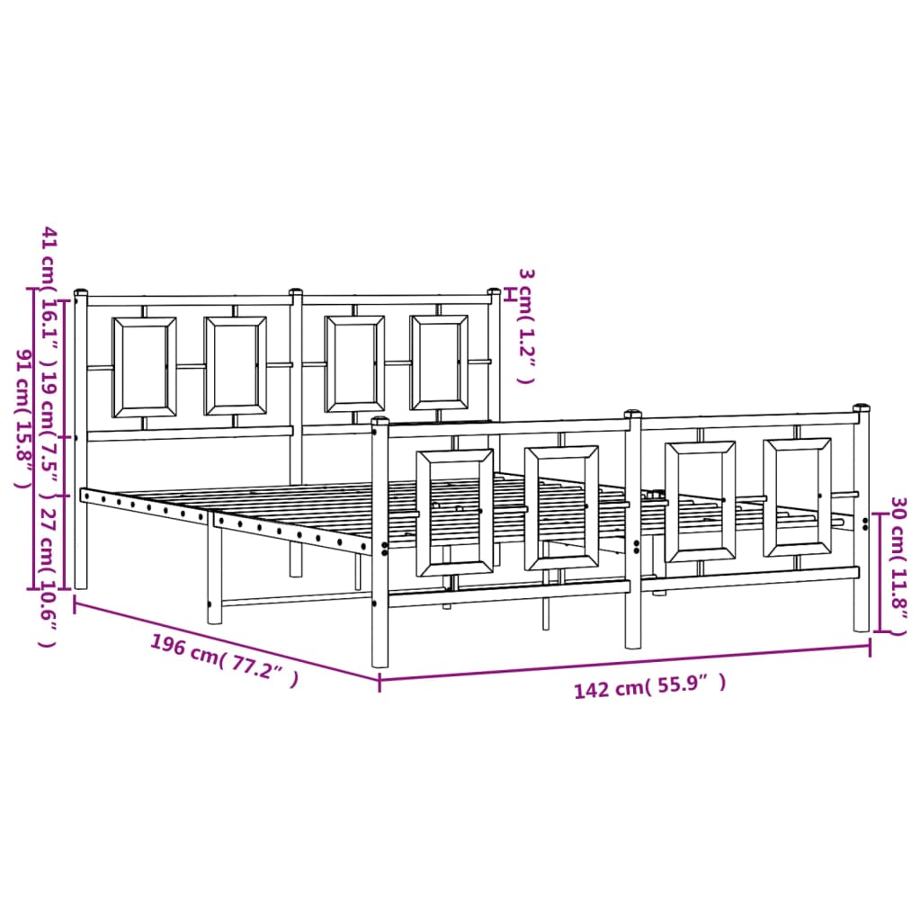 vidaXL Estrutura de cama com cabeceira e pés 135x190 cm metal preto