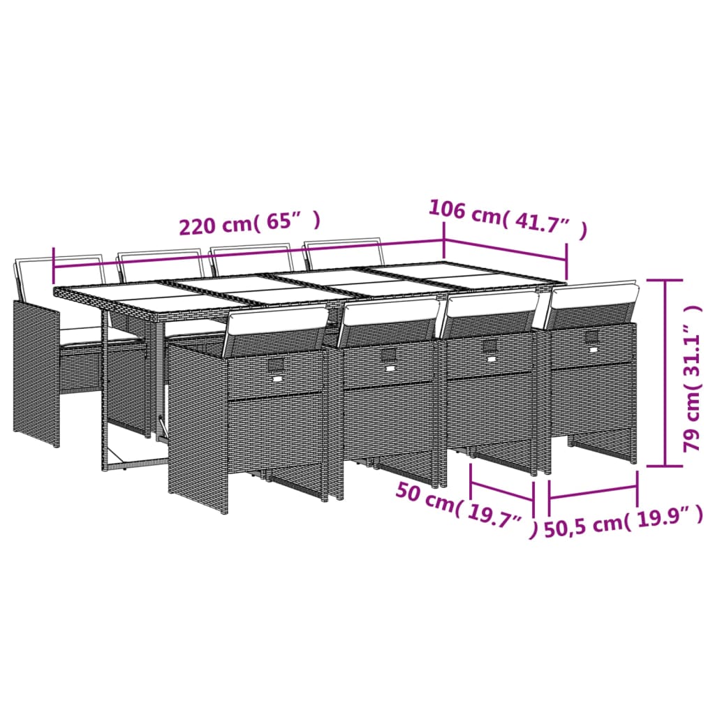 vidaXL 9 pcs conjunto de jantar p/ jardim c/ almofadões vime PE preto