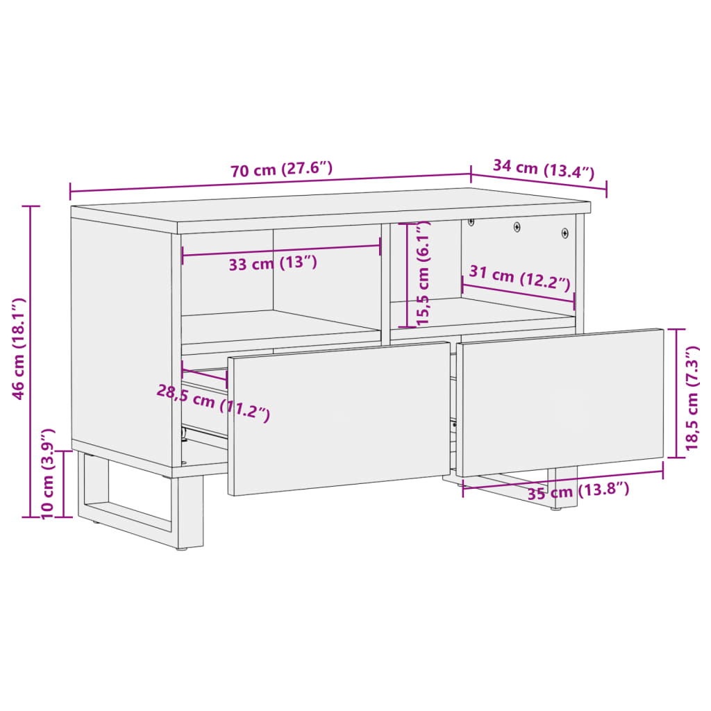 vidaXL Móvel de TV 70x34x46 cm madeira de acácia maciça