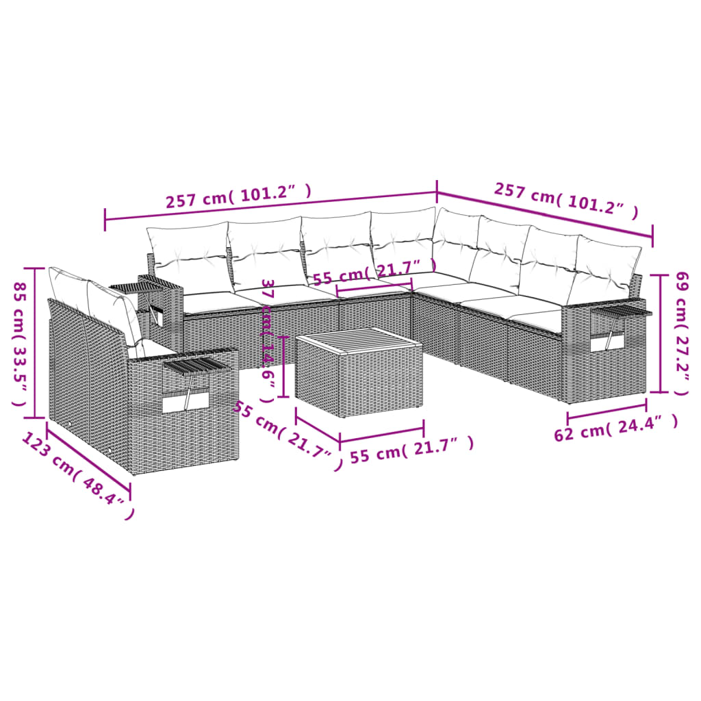 vidaXL 10 pcs conjunto de sofás p/ jardim com almofadões vime PE bege