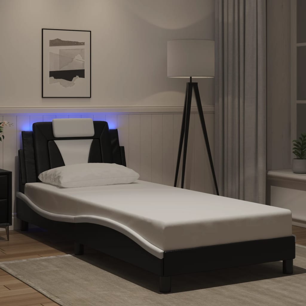 vidaXL Estrutura cama c/ luzes LED 80x200cm couro artif. preto/branco