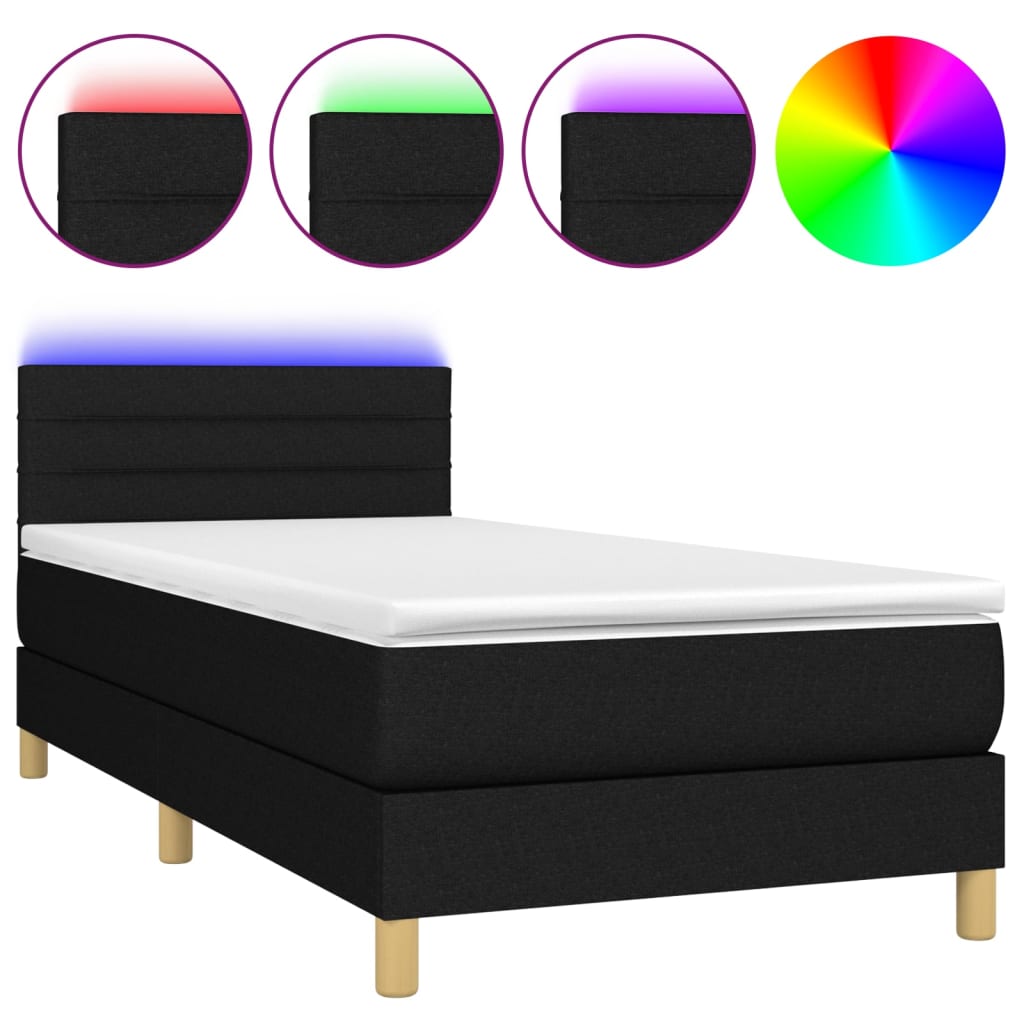 vidaXL Cama box spring c/ colchão e LED 90x190 cm tecido preto