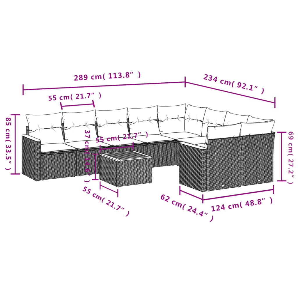 vidaXL 10 pcs conjunto sofás de jardim c/ almofadões vime PE cinzento