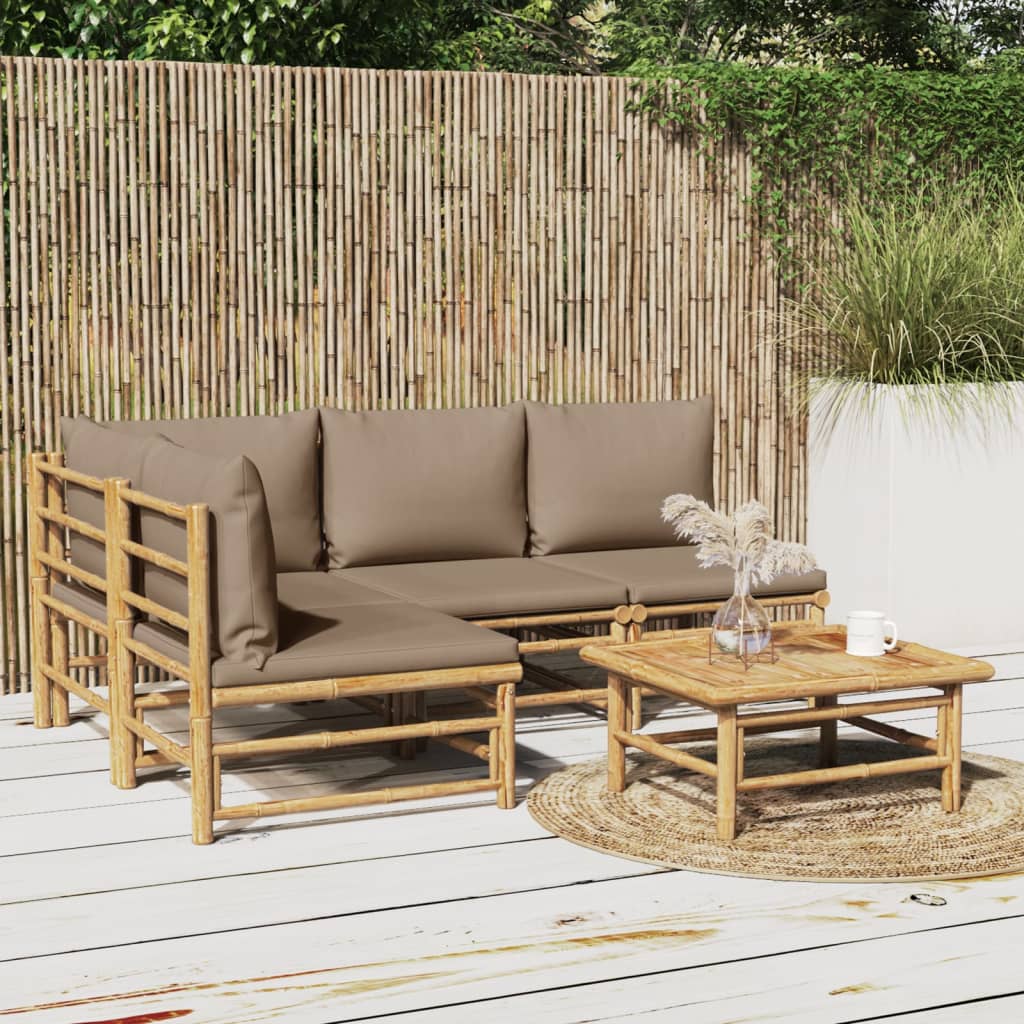 vidaXL 5 pcs conj. lounge jardim bambu almofadões cinzento-acastanhado