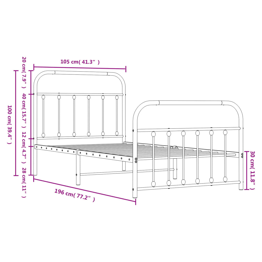 vidaXL Estrutura de cama com cabeceira e pés 100x190 cm metal preto