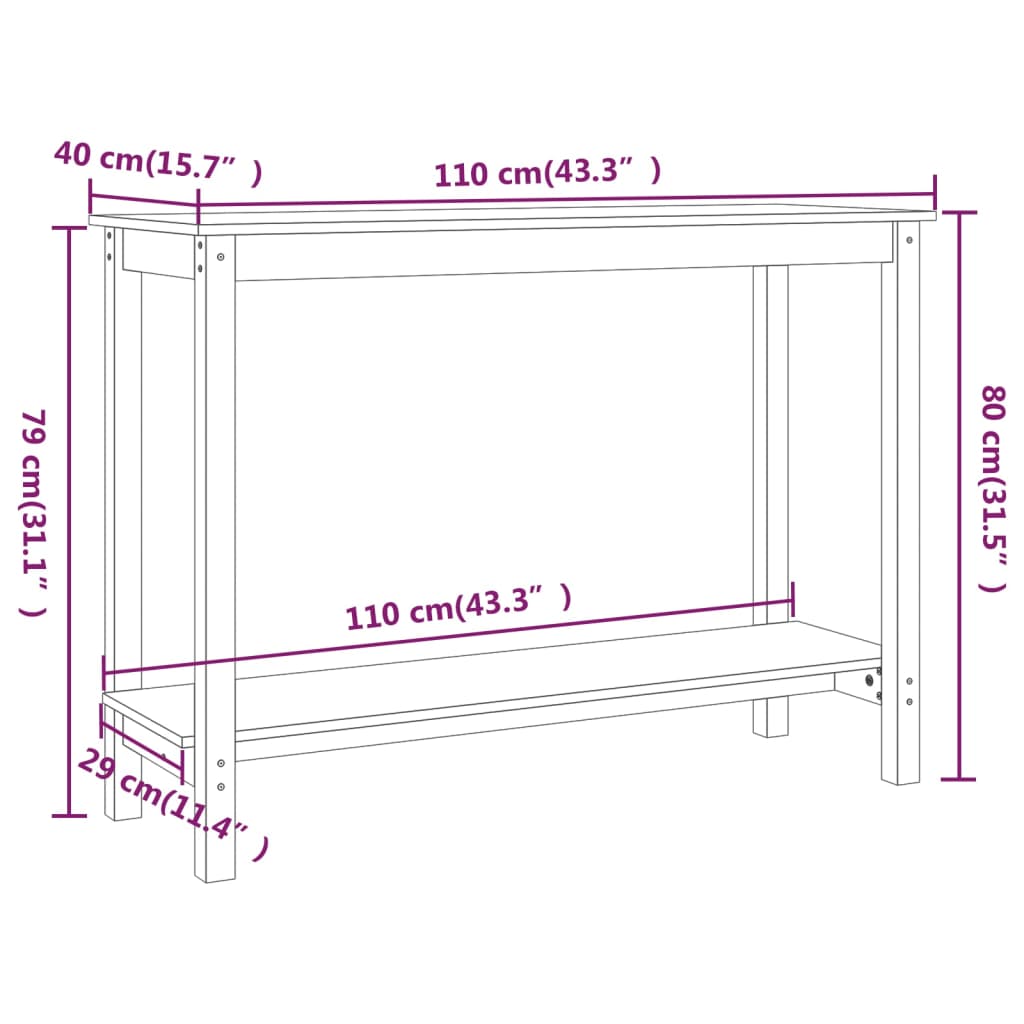 vidaXL Mesa consola 110x40x80 cm madeira de pinho maciça preto