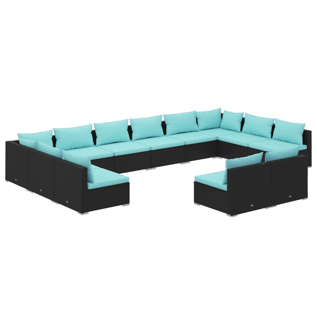 vidaXL 12 pcs conjunto lounge de jardim c/ almofadões vime PE preto