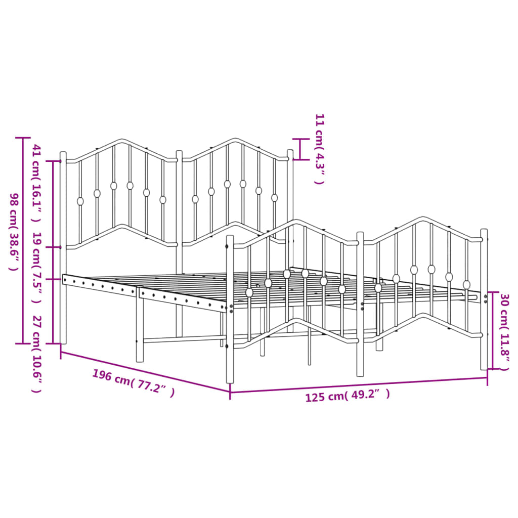 vidaXL Estrutura de cama com cabeceira e pés 120x190 cm metal preto