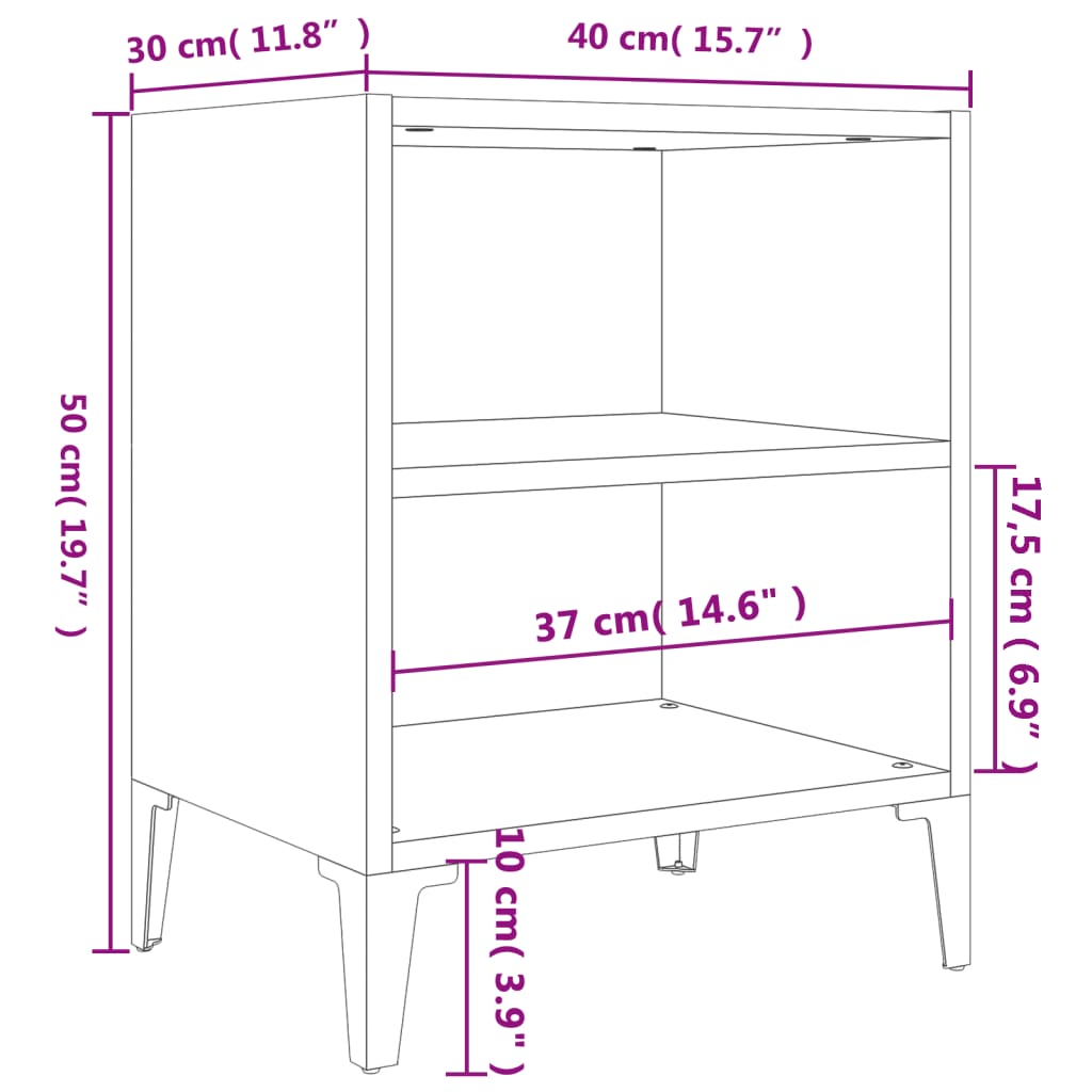 vidaXL Mesa de cabeceira pernas em metal 40x30x50 cm cinza brilhante