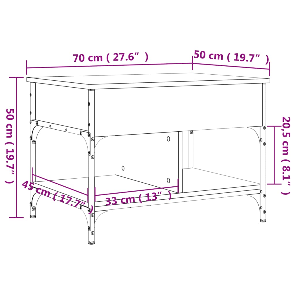 vidaXL Mesa de centro 70x50x50 cm deriv. madeira/metal cinzento sonoma