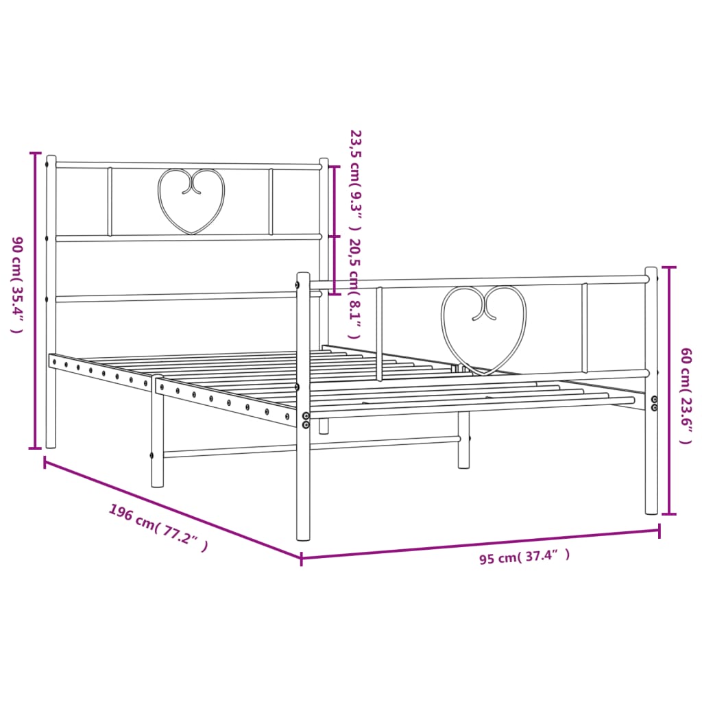 vidaXL Estrutura de cama com cabeceira e pés 90x190 cm metal preto