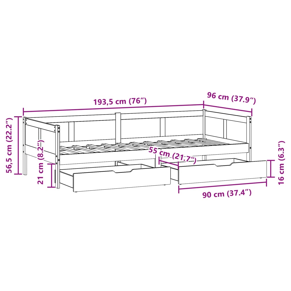 vidaXL Sofá-cama c/ gavetas 90x190 cm madeira de pinho maciça branco