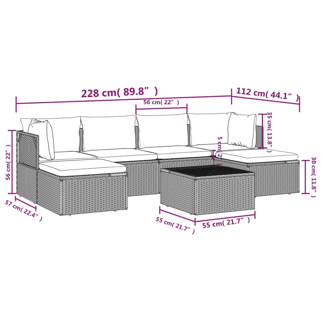 vidaXL 7 pcs conjunto lounge de jardim c/ almofadões vime PE cinzento