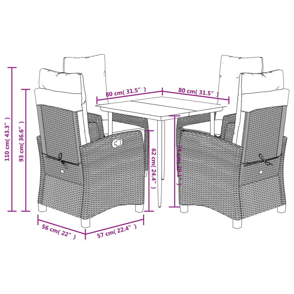 vidaXL 5 pcs conjunto de jantar p/ jardim c/ almofadões cinzento claro