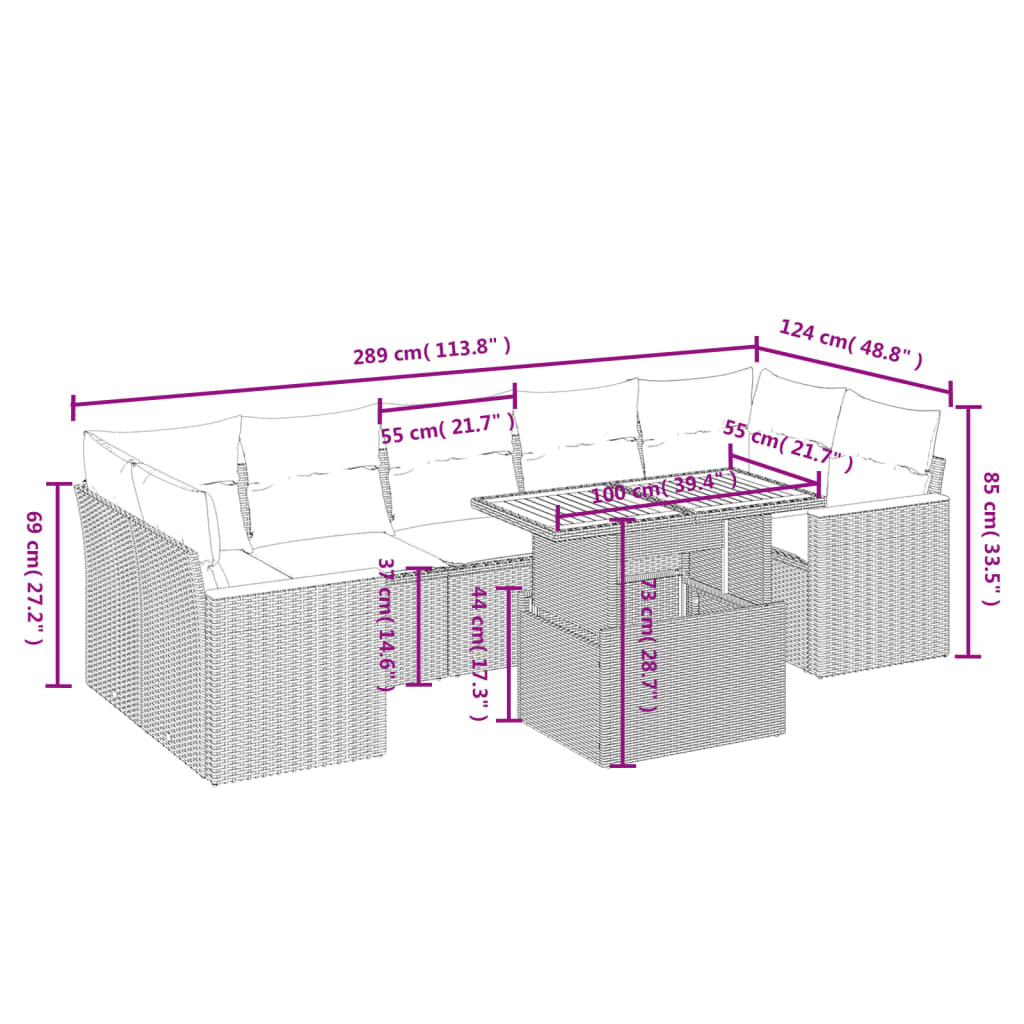 vidaXL 8 pcs conjunto sofás de jardim com almofadões vime PE preto