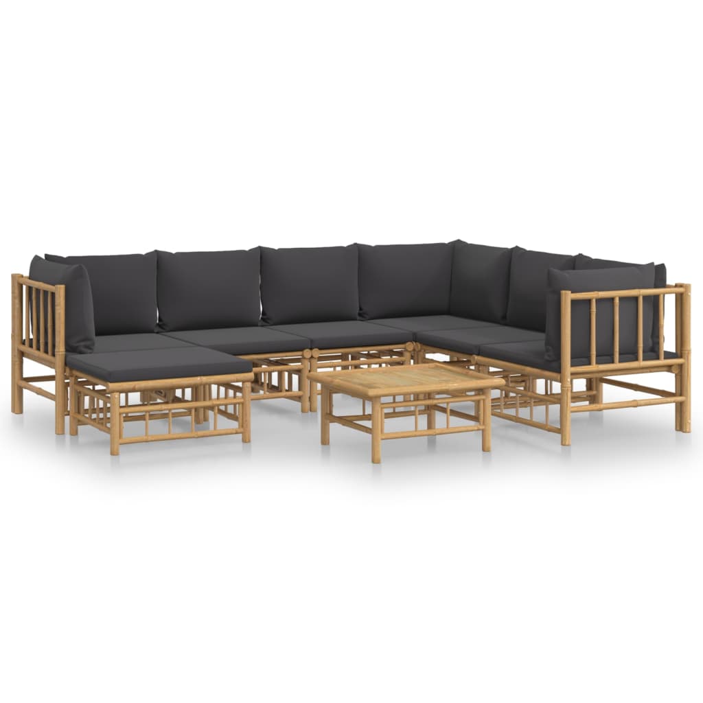 vidaXL 8pcs conj. lounge de jardim bambu c/ almofadões cinzento-escuro