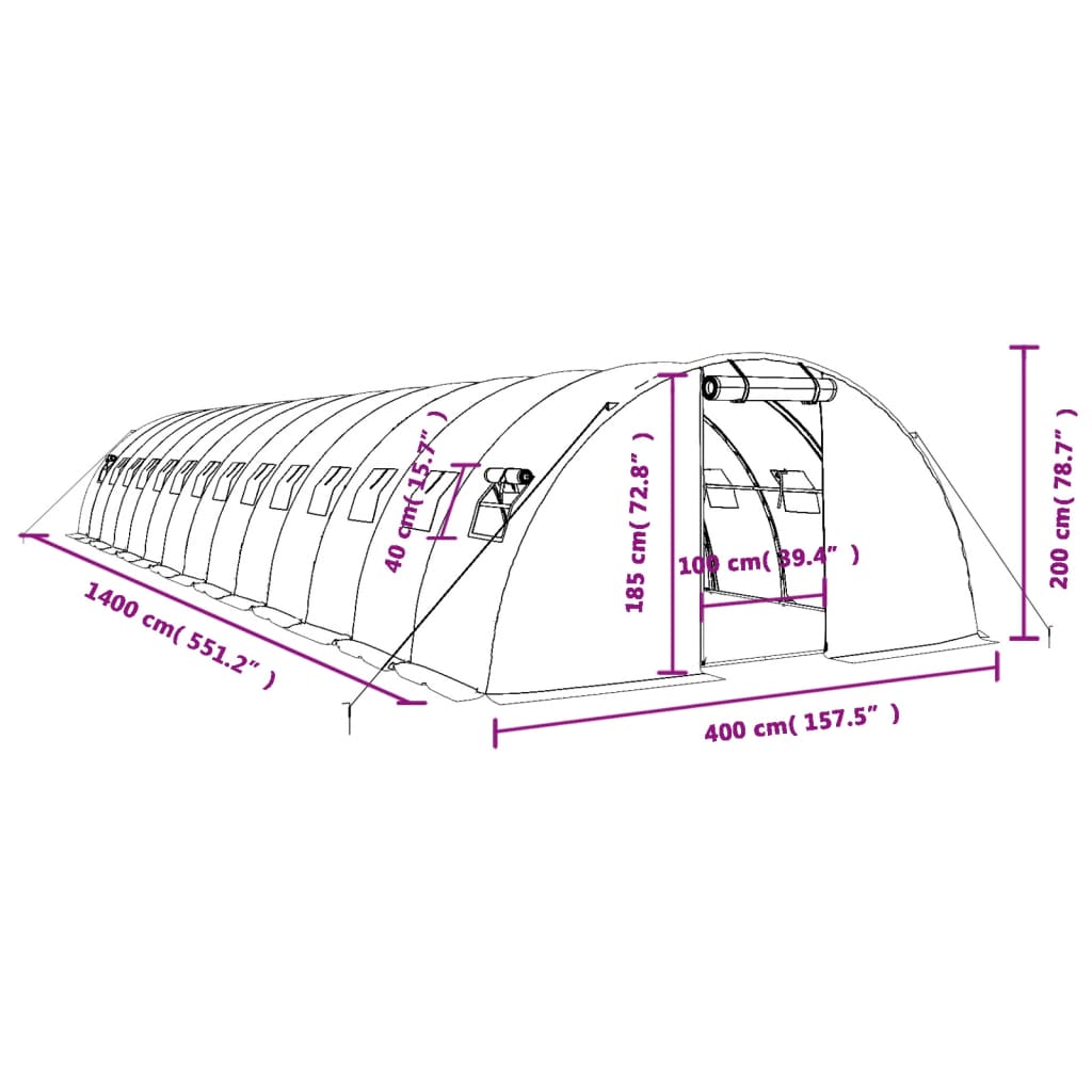 vidaXL Estufa com estrutura de aço 56 m² 14x4x2 m verde