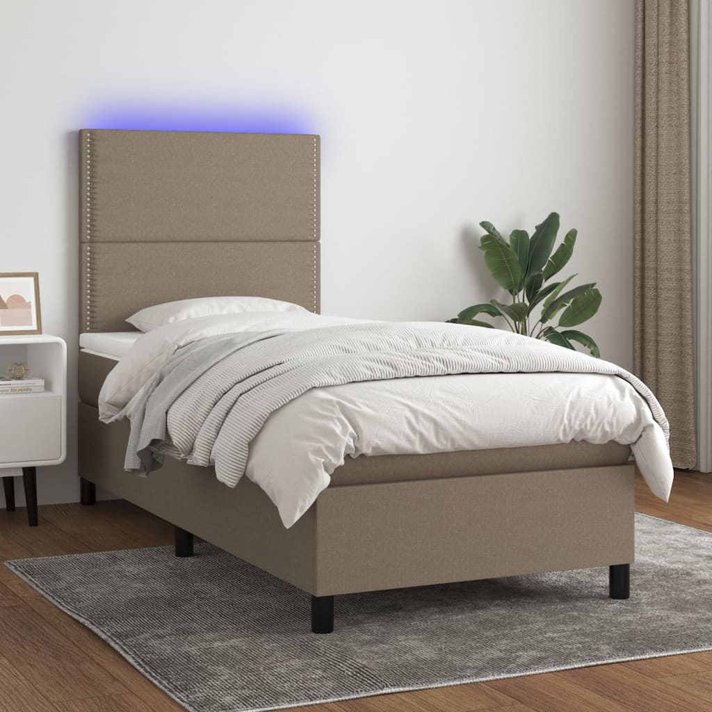 vidaXL Cama box spring colchão/LED 100x200cm tecido cinza-acastanhado