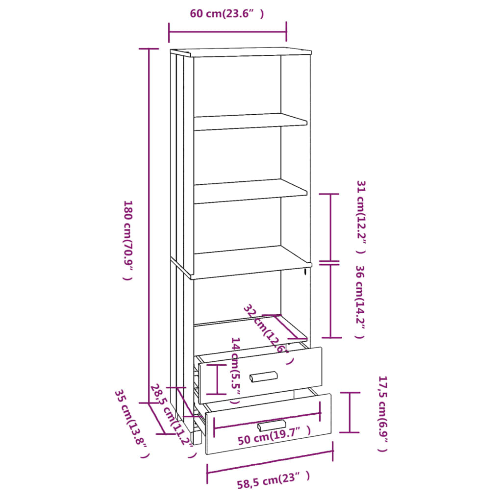 vidaXL Aparador alto HAMAR 60x35x180 cm pinho maciço branco