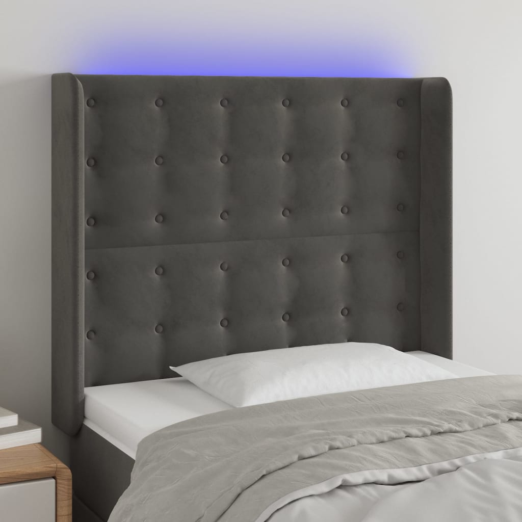 vidaXL Cabeceira cama c/ luzes LED veludo 93x16x118/128cm cinza-escuro