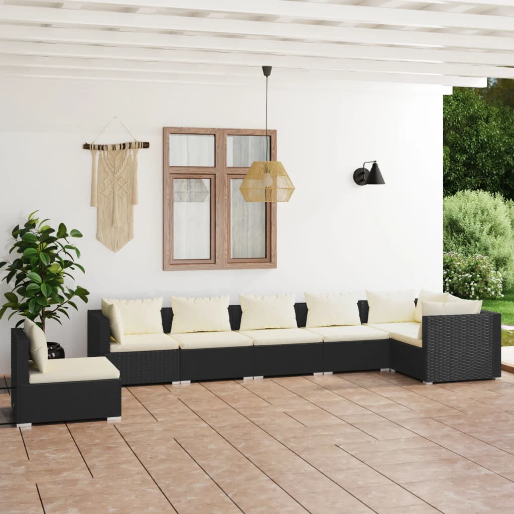 vidaXL 7 pcs conjunto lounge de jardim c/ almofadões vime PE preto