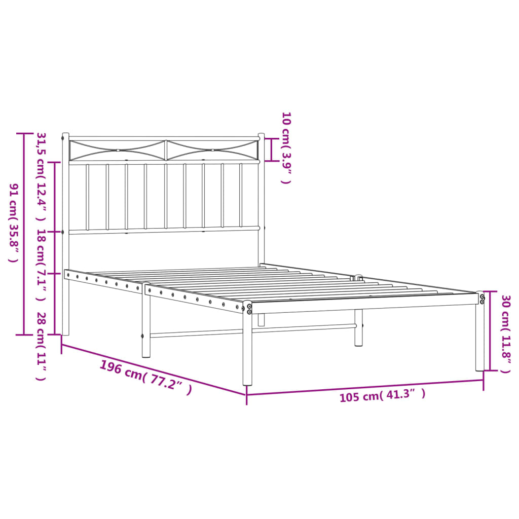 vidaXL Estrutura de cama com cabeceira 100x190 cm metal branco