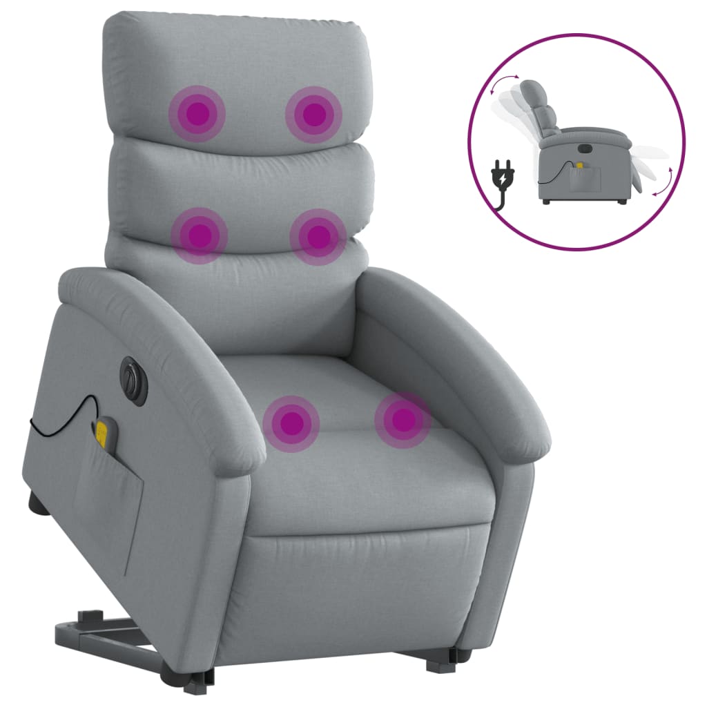 vidaXL Poltrona elétrica reclinável massagens tecido cinzento-claro