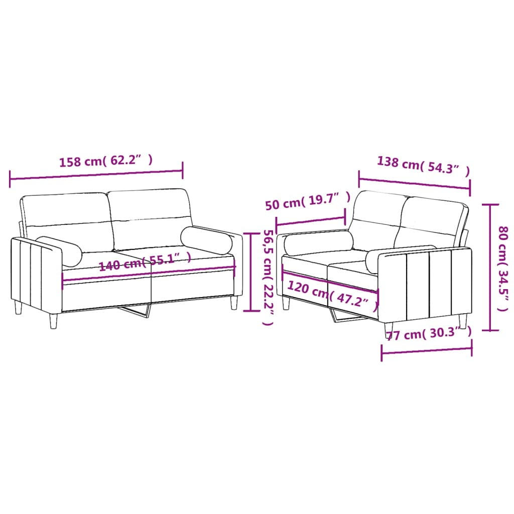 vidaXL 2 pcs conjunto de sofás com almofadas tecido cor creme