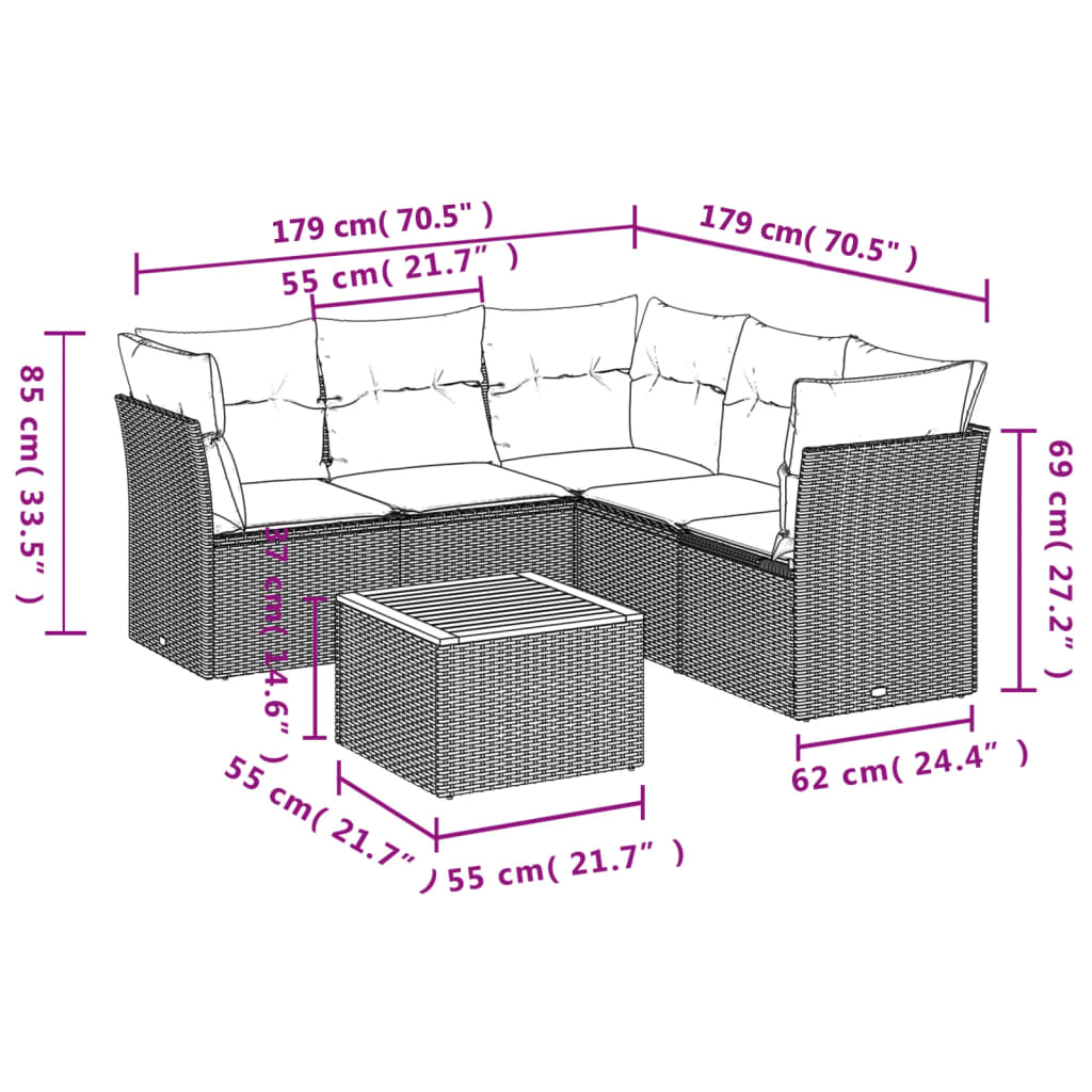 vidaXL 6 pcs conjunto de sofás p/ jardim com almofadões vime PE bege