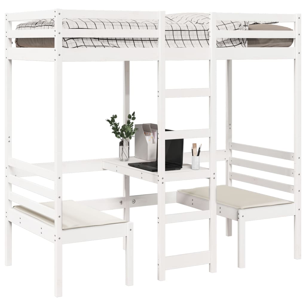 vidaXL Cama alta c/ secretária/cadeiras 75x190 cm pinho maciço branco