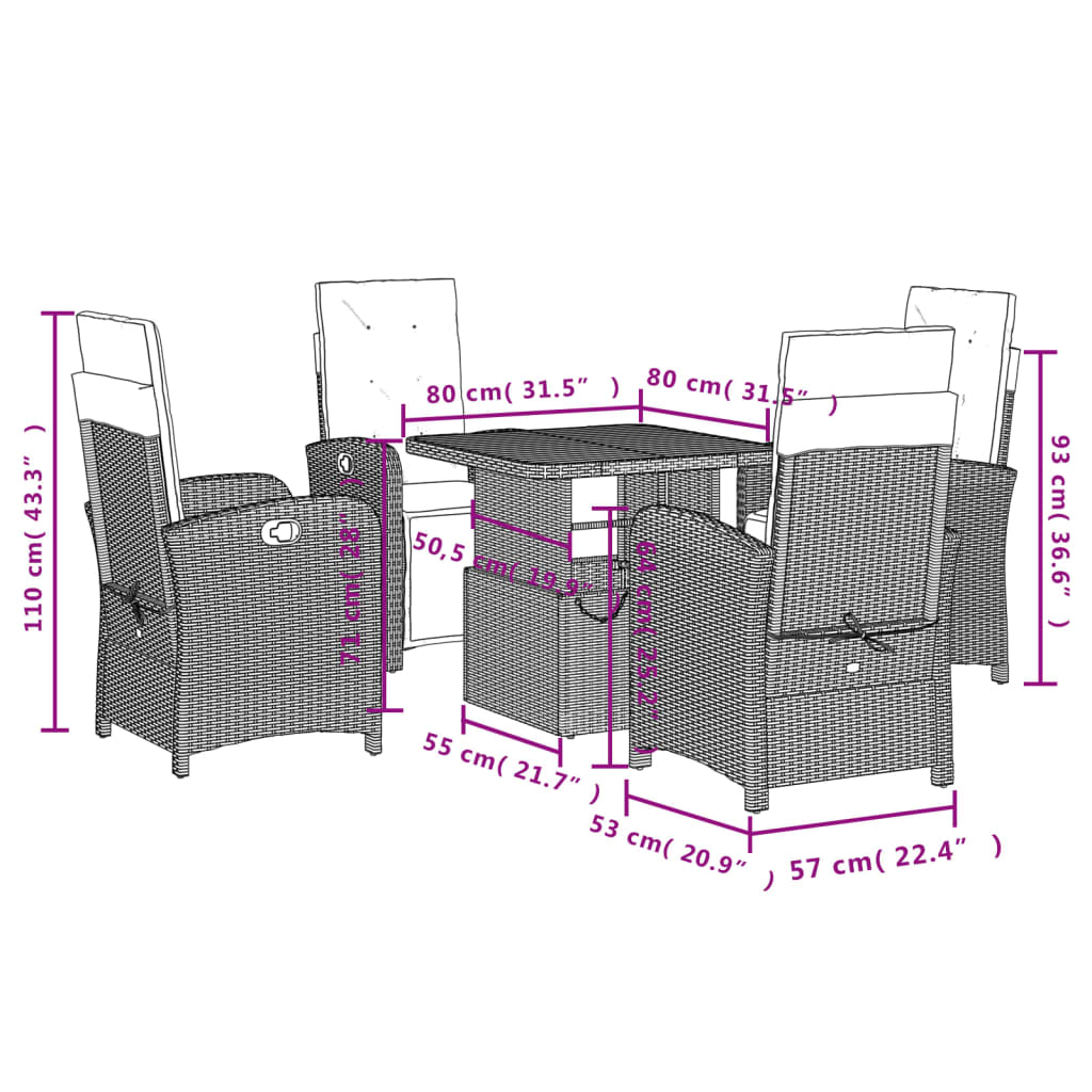 vidaXL 5 pcs conjunto de jantar p/ jardim c/ almofadões vime PE preto