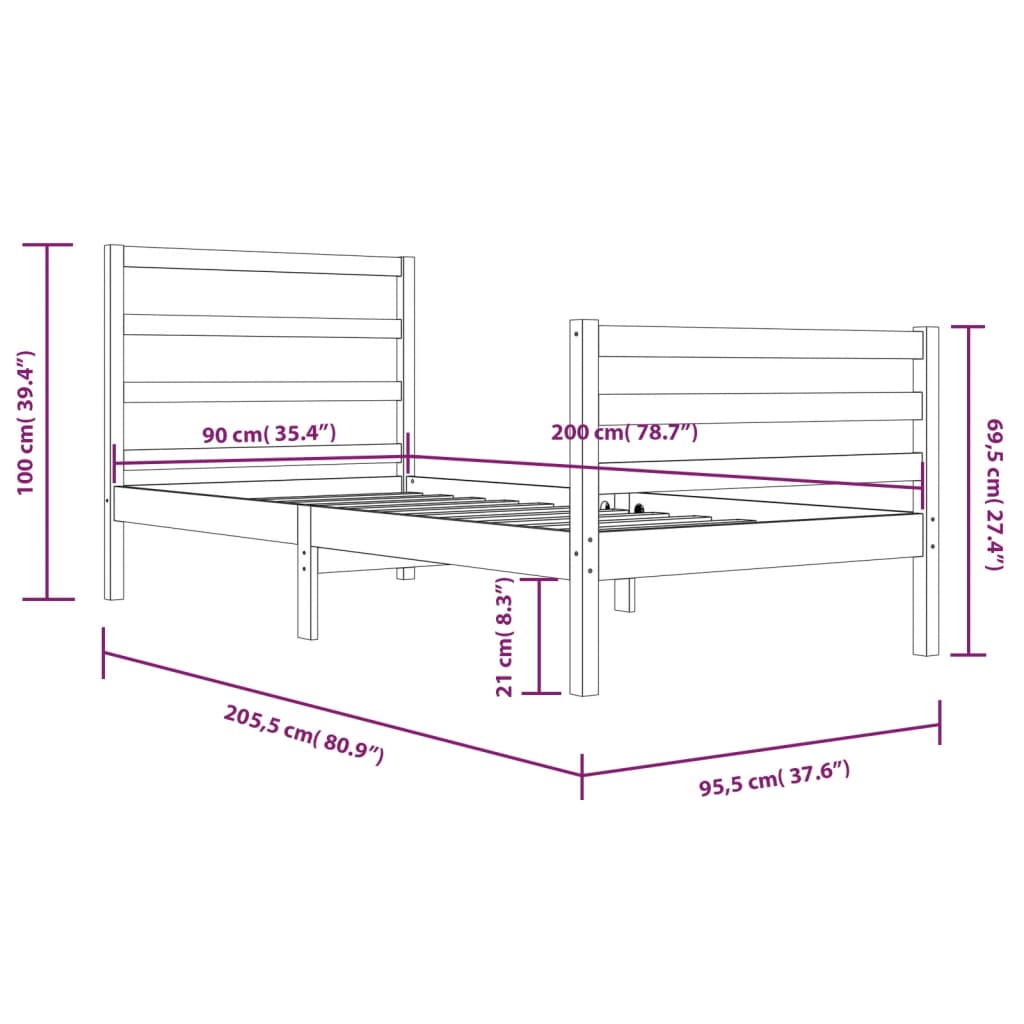 vidaXL Estrutura de cama 90x200 cm pinho maciço branco