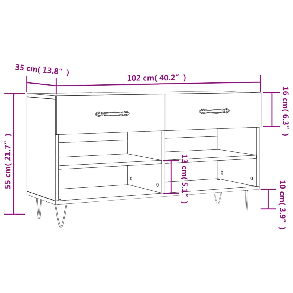 vidaXL Banco sapateira 102x35x55 cm derivados madeira cinzento cimento