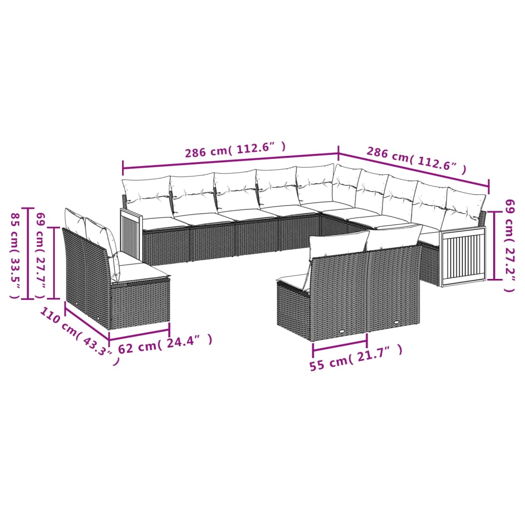 vidaXL 13 pcs conjunto sofás p/ jardim c/ almofadões vime PE cinzento