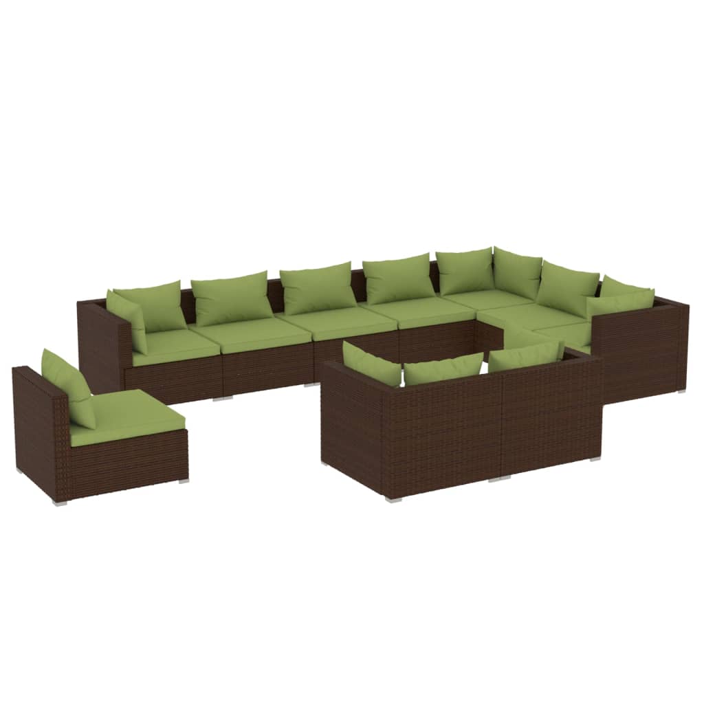 vidaXL 10 pcs conjunto lounge jardim c/ almofadões vime PE castanho