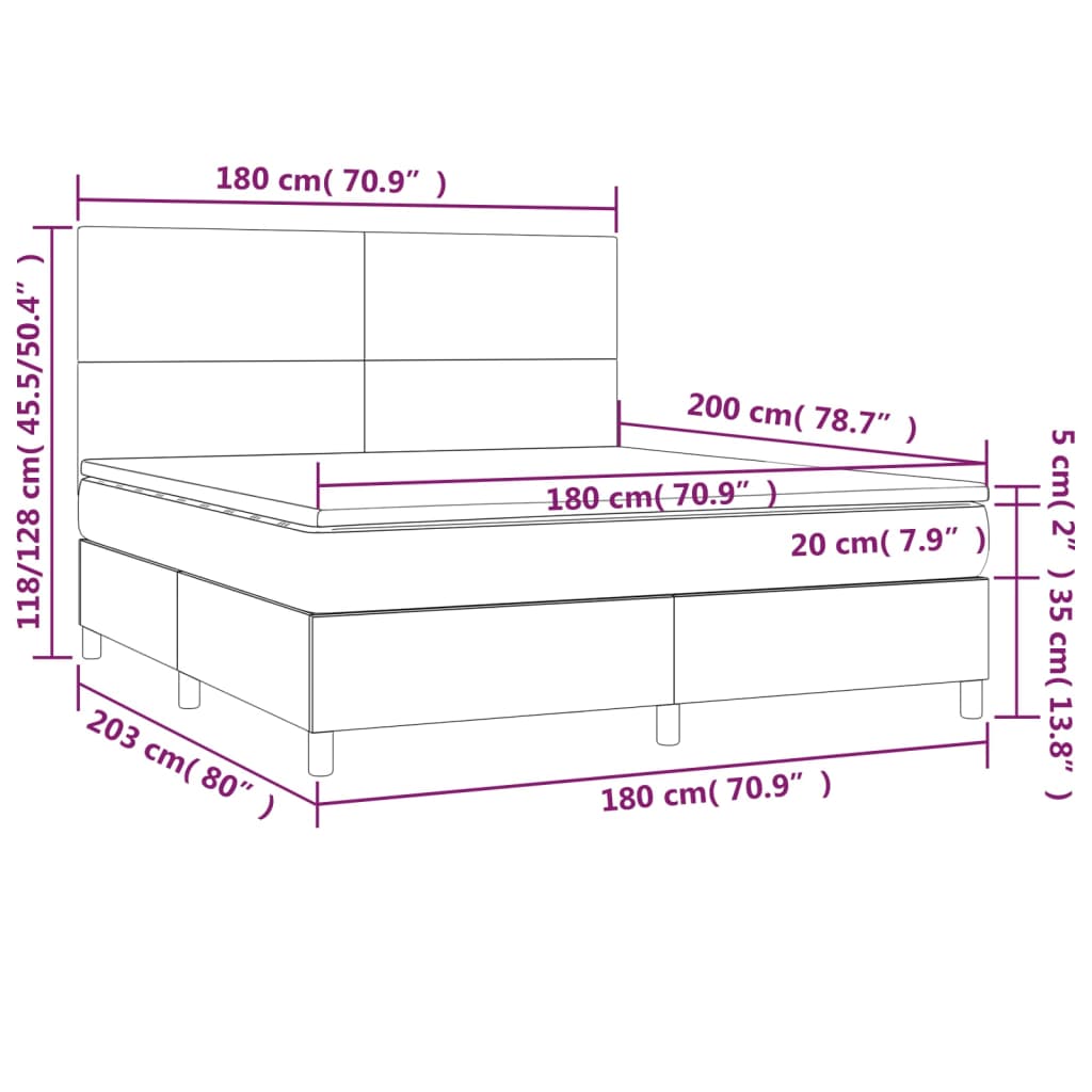 vidaXL Cama box spring c/ colchão/LED 180x200cm couro artificial preto