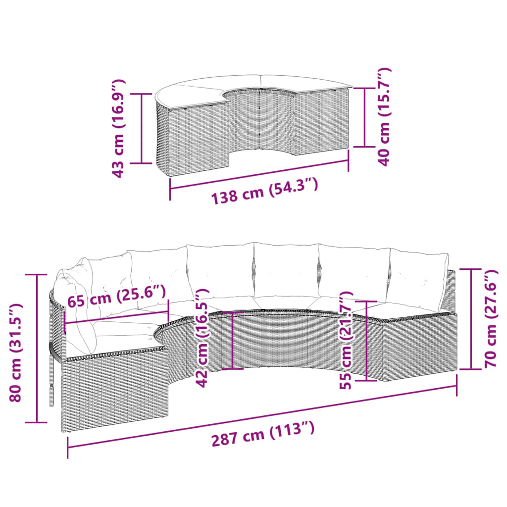 vidaXL 2 pcs conjunto de sofás de jardim semicircular vime PE bege