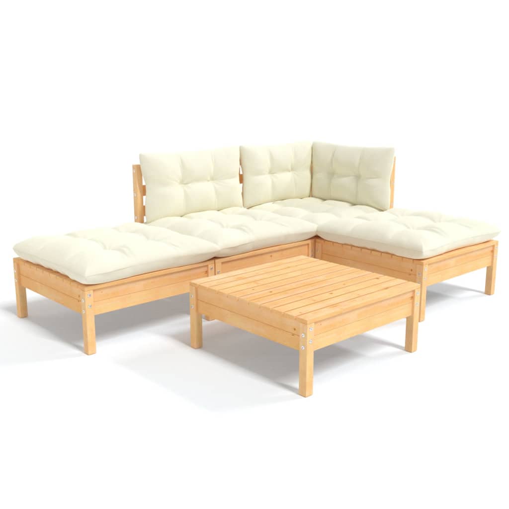 vidaXL 5 pcs conjunto lounge jardim c/ almofadões cor creme pinho