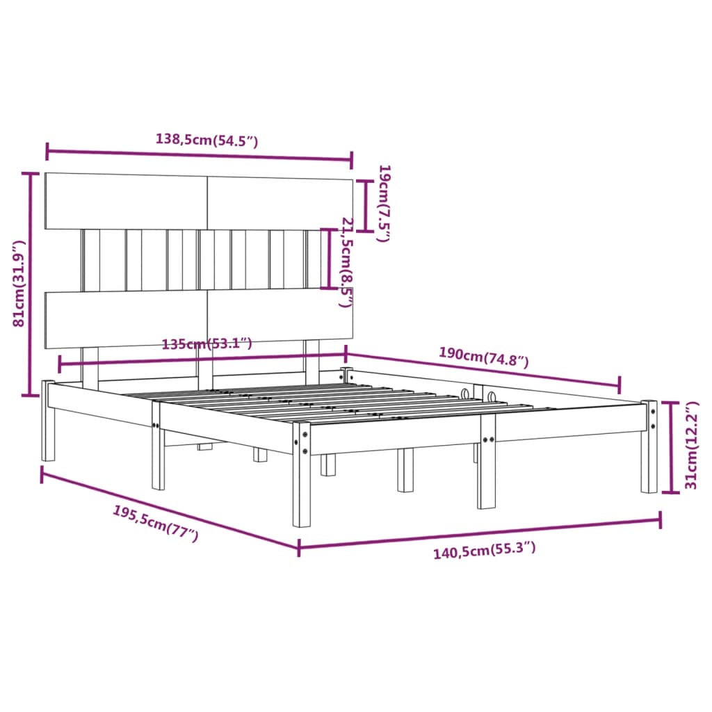 vidaXL Estrutura de cama casal 135x190 cm madeira maciça preto