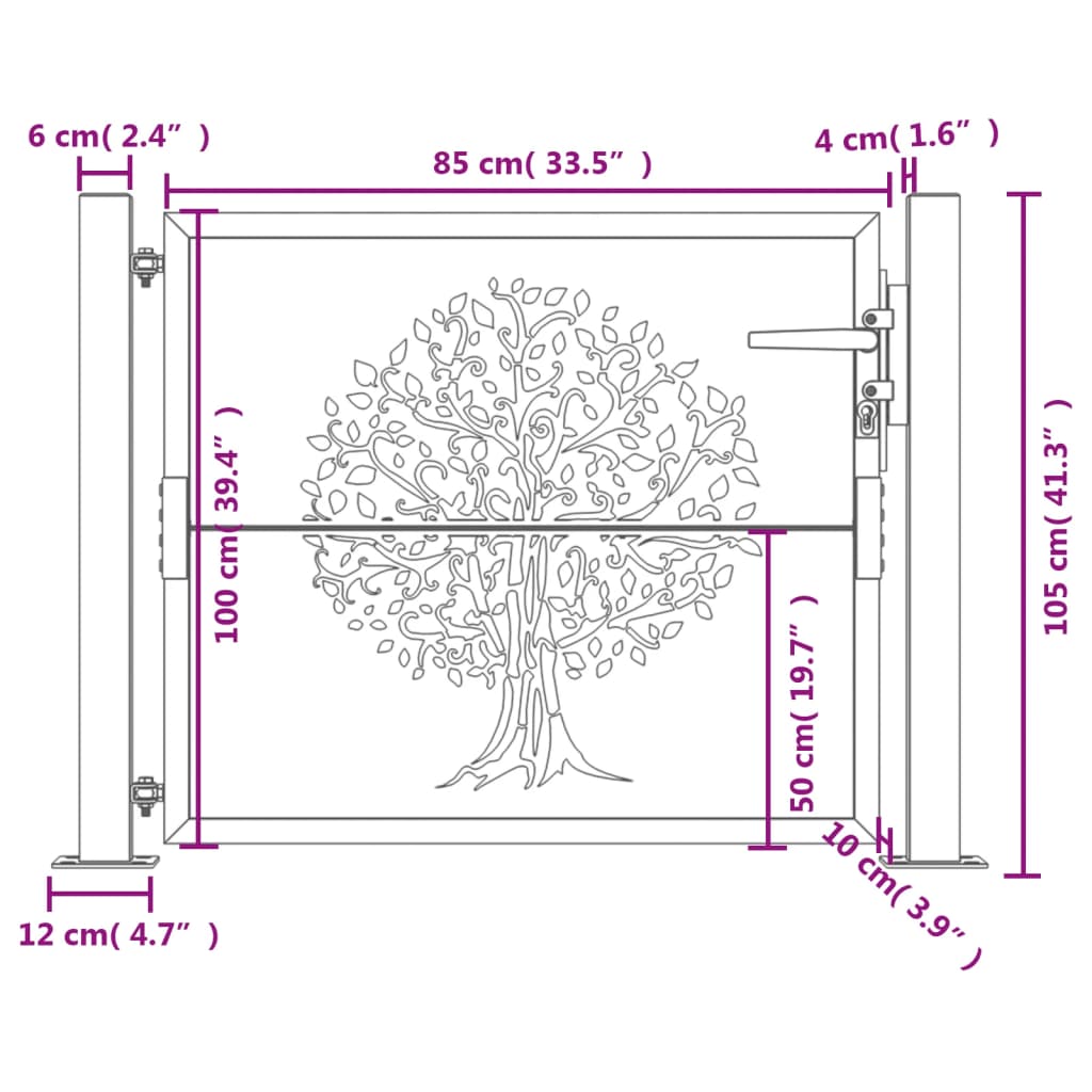 vidaXL Portão de jardim 105x105 cm aço corten design árvore