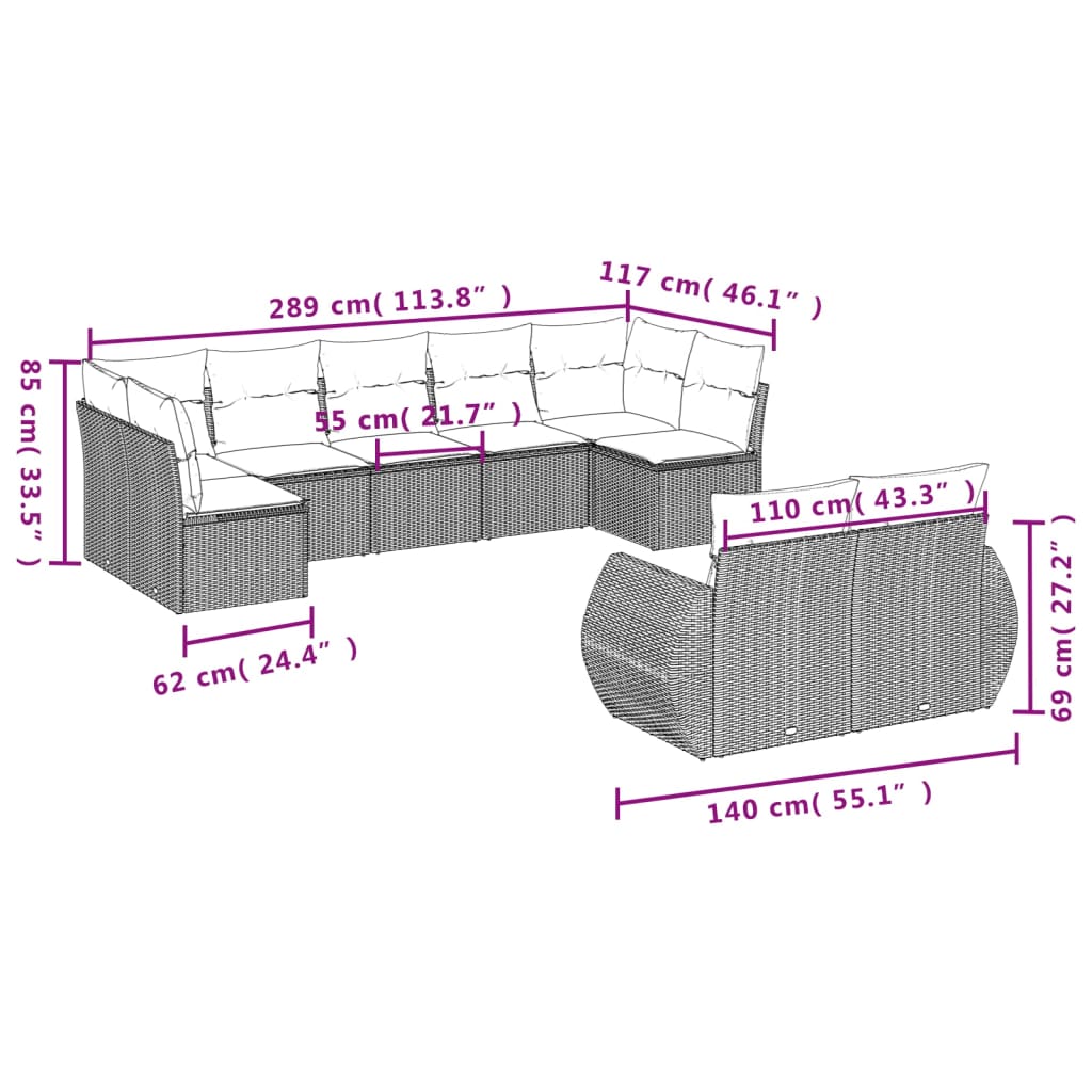 vidaXL 9 pcs conjunto de sofás p/ jardim c/ almofadões vime PE preto