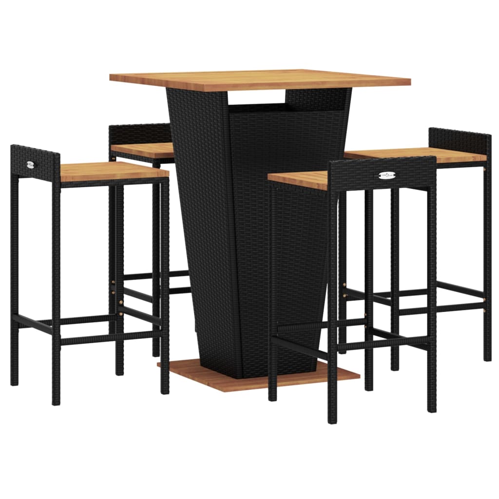 vidaXL 5 pcs conjunto de bar p/ jardim vime PE/acácia maciça preto