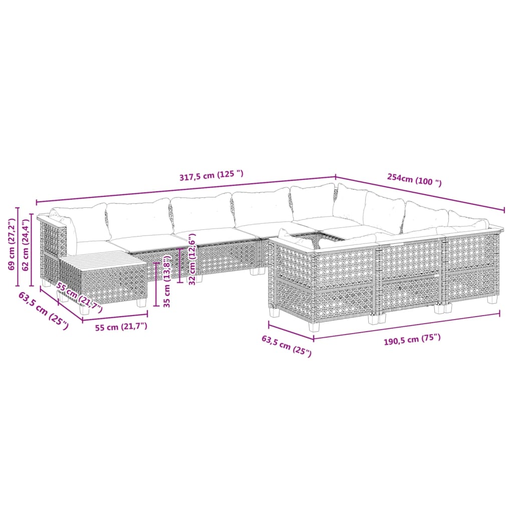 vidaXL 11 pcs conjunto sofás de jardim c/ almofadões vime PE preto