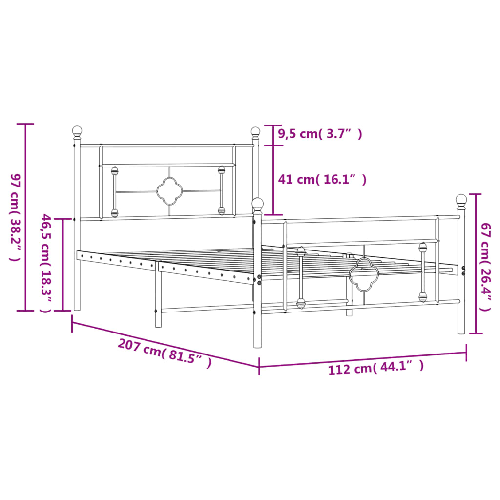 vidaXL Estrutura de cama com cabeceira e pés 107x203 cm metal branco