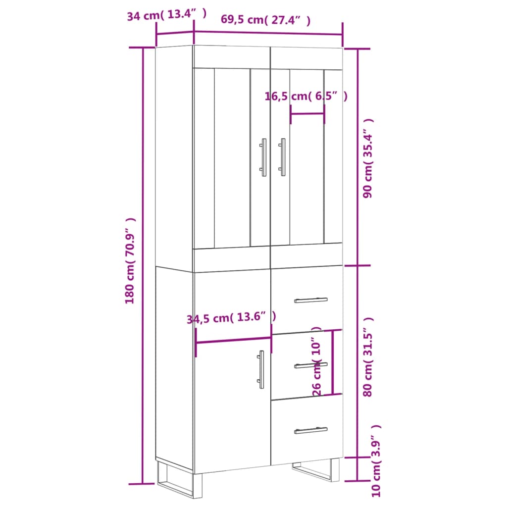 vidaXL Armário alto 69,5x34x180 cm derivados de madeira cinza cimento