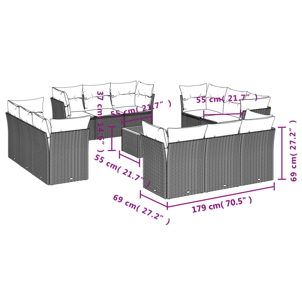 vidaXL 13 pcs conjunto de sofás p/ jardim com almofadões vime PE bege