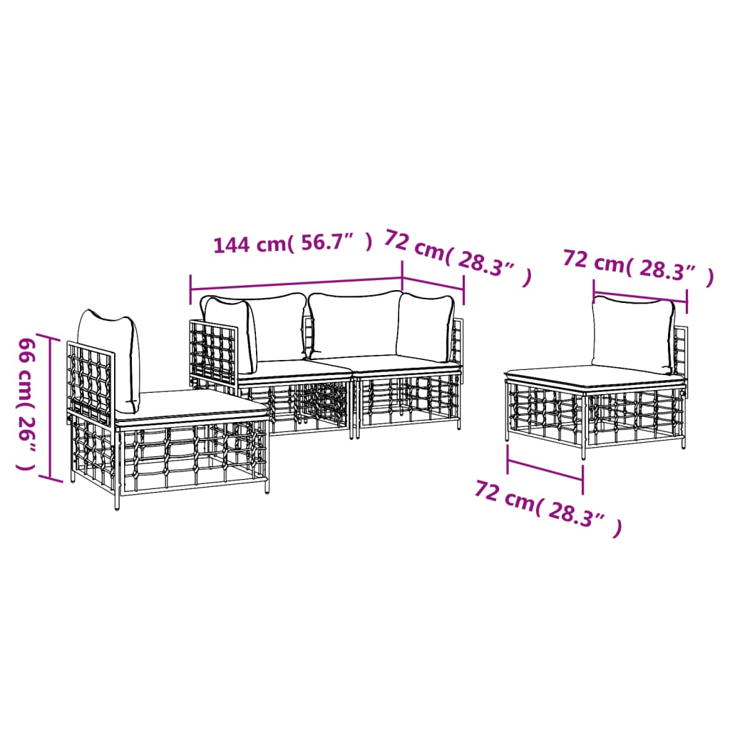 vidaXL 4 pcs conjunto lounge de jardim c/ almofadões vime PE antracite