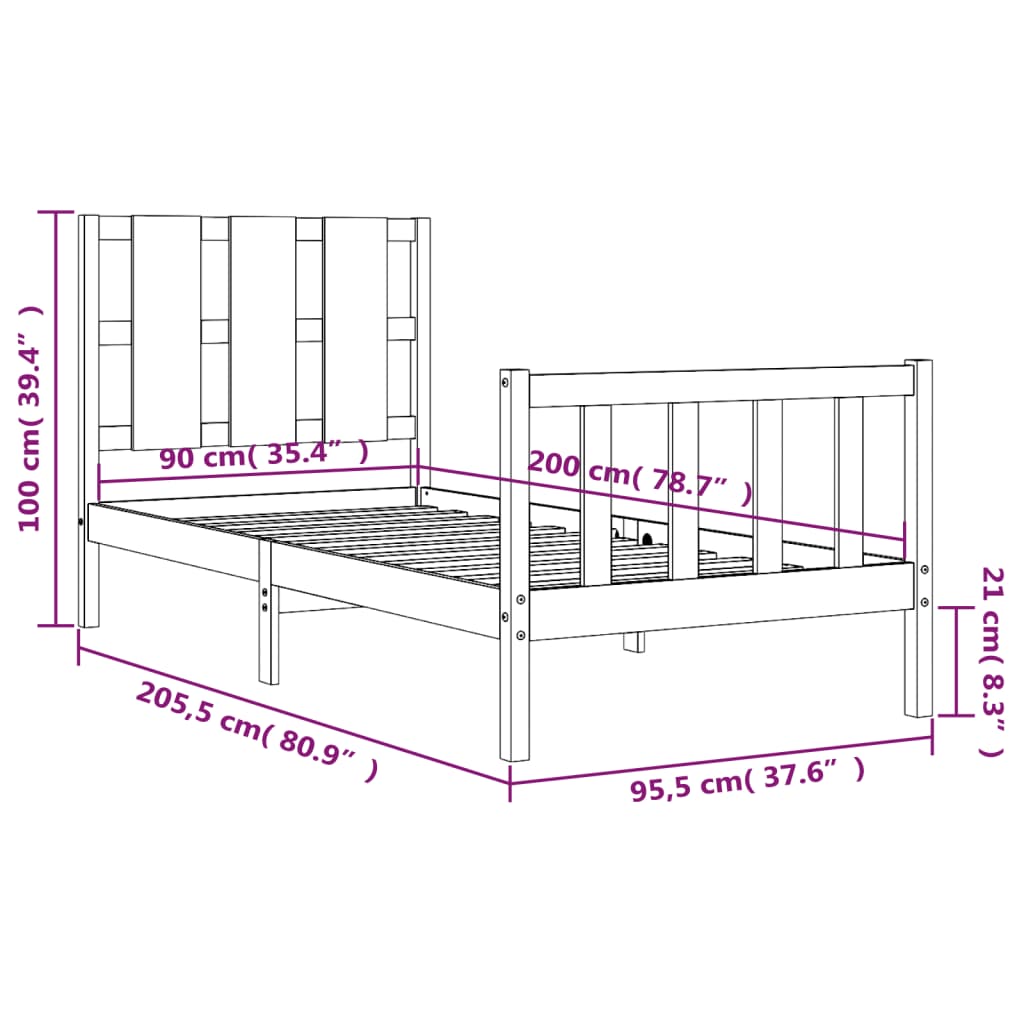 vidaXL Estrutura de cama com cabeceira 90x200 cm madeira maciça