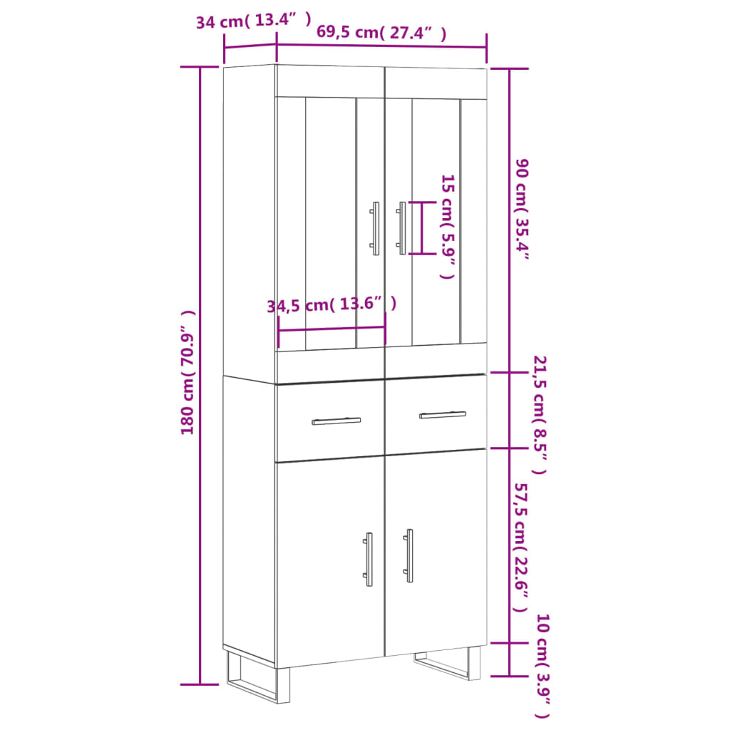 vidaXL Armário alto 69,5x34x180 cm derivados de madeira cinza cimento